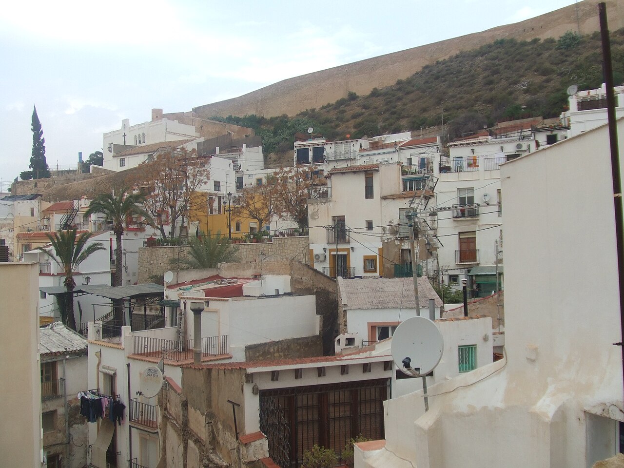 Whitewashed alley with flower pots in Barrio de Santa Cruz, Alicante