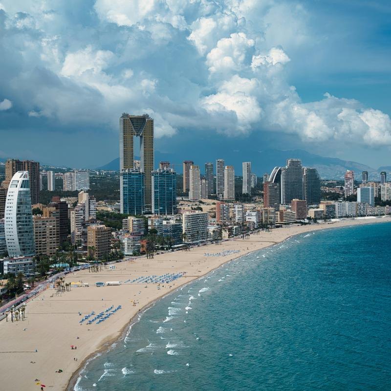Aerial view of Benidorm skyline and Levante beach on the Costa Blanca