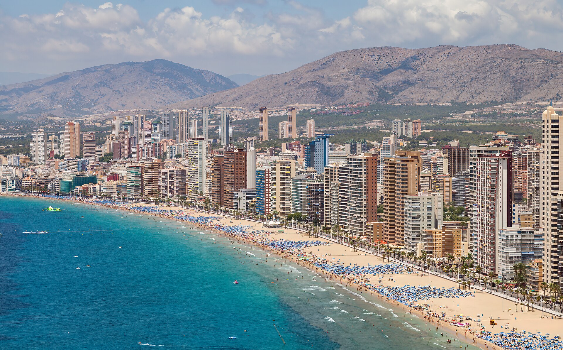 Playa de Levante in Benidorm with the city's hotel skyline